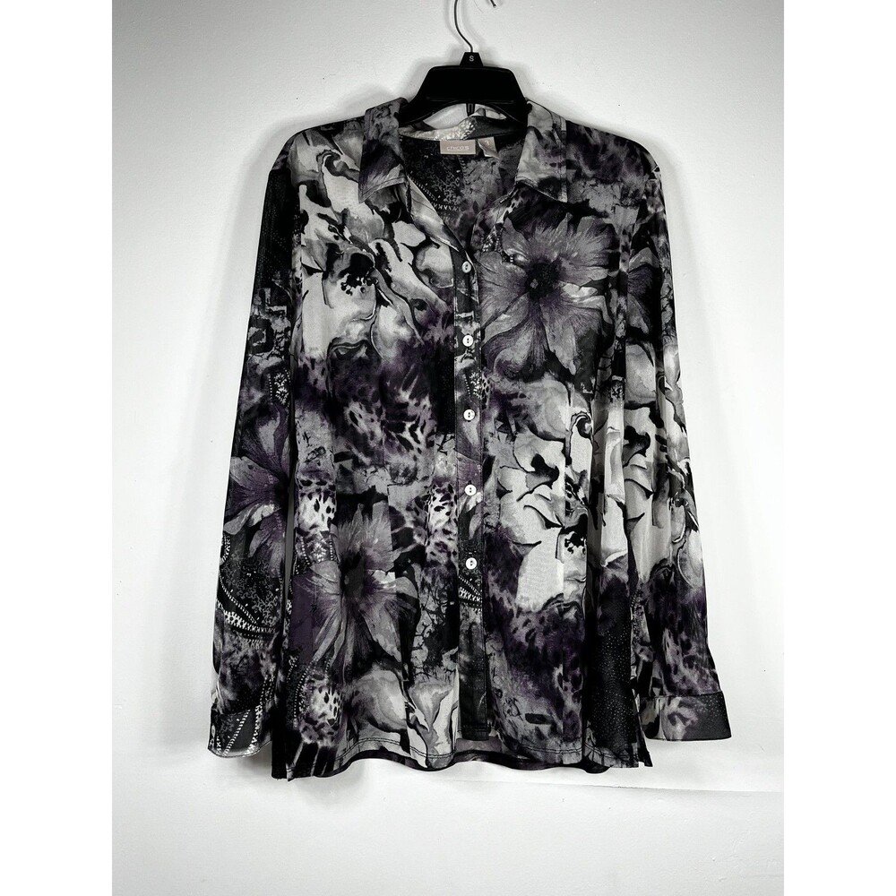 Chico's Shirt Womens 3 Gray Floral Mesh Collared Button Up Long Sleeve Top